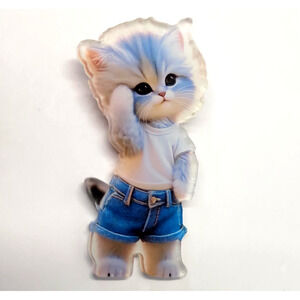 Kitty Cat Brooch Pin Acrylic White Cat In Jeans Shorts Cute Gift Colorful New